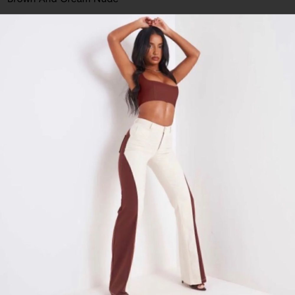 EGO Shea High Waist Panel Detail Straight Leg Trousers In Brown And Cream Nude